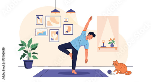 A person practices yoga in a bright living room with a cat nearby.