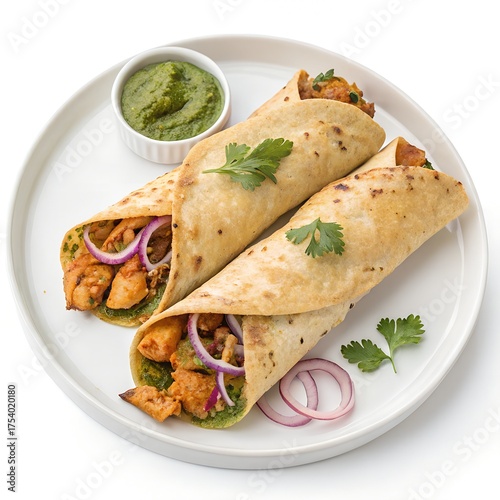 Spicy Street Food: Kathi Roll Wraps with Chutney in a white plate top down level view with white background