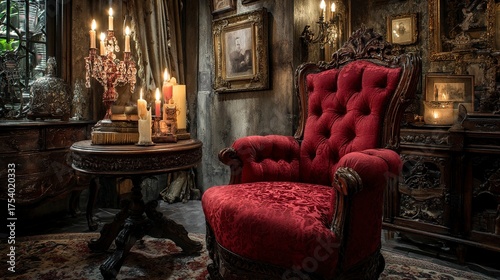 Haunted Mansion Parlor with Crimson Armchair and Candlelight 