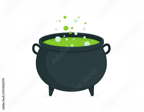 Cauldron of bubbling green potion with bubbles and steam.