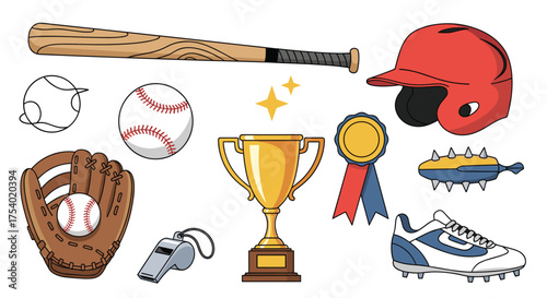 Collection of baseball equipment and awards including a bat glove ball helmet and trophy.