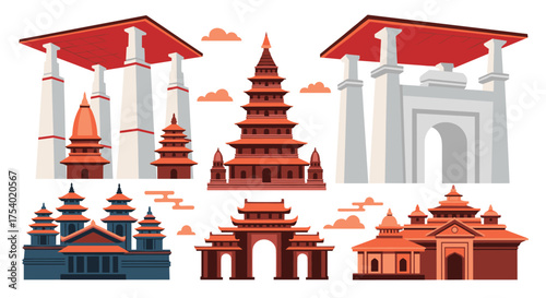 Collection of traditional Asian architectural structures and temples in a pixel art style.