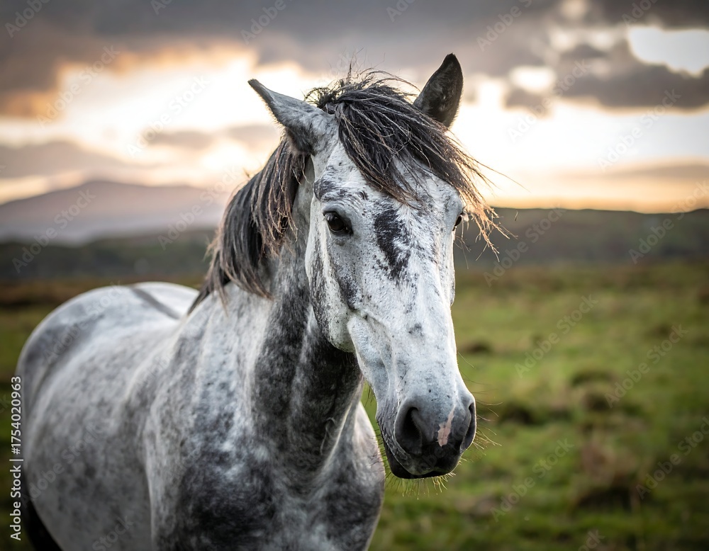 Fototapeta premium Portrait of a grey horse with a dark mane looking at the viewer