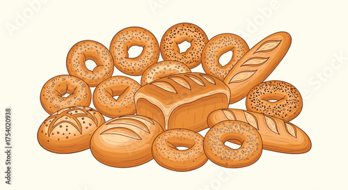 A delicious assortment of freshly baked bread and bagels fills the frame in this appealing image.