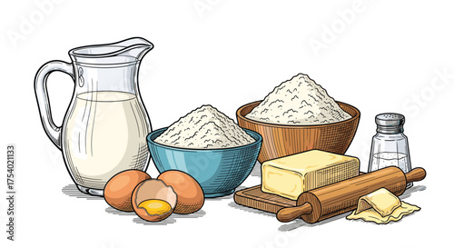 Ingredients for baking including eggs flour milk butter and a rolling pin.