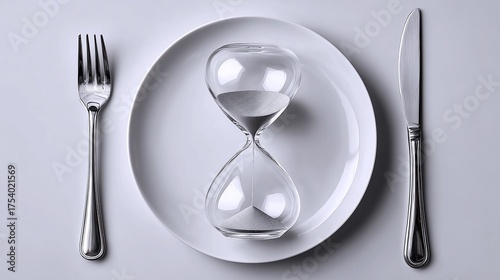 Fasting concept with hourglass on dining plate
