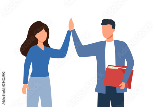 Good job! Two cheerful business persons giving high five at office meeting. Teamwork, success, victory, achievement or good work result.