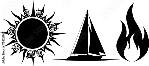 Black Sailboat Silhouette with Triangular Sails and Shadow.