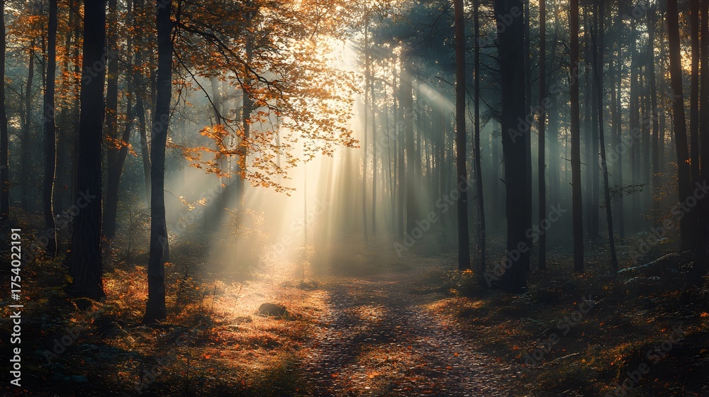 Naklejka premium A sunbeam illuminates a path through a misty autumn forest, casting long shadows and highlighting the vibrant colors of the foliage.