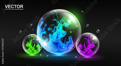 A captivating vector illustration of vibrant ink swirling within glass spheres, creating a mesmerizing and colorful abstract composition
