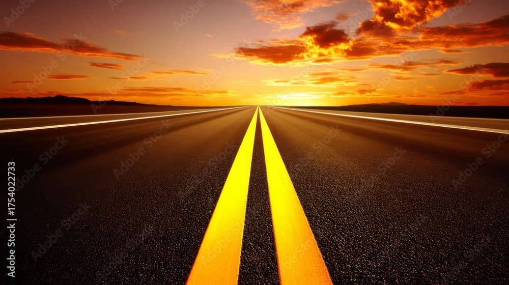 Fototapeta premium A straight highway stretches into the distance under a warm sunset sky filled with orange, red, and purple gradients,