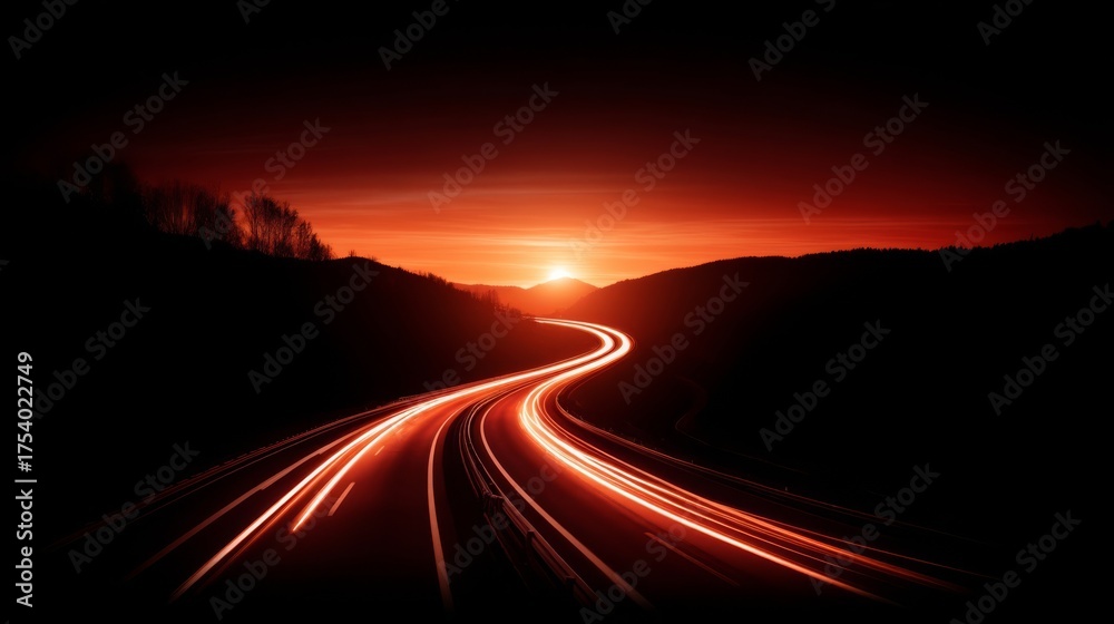 Fototapeta premium A highway illuminated by light trails from passing cars during a stunning sunset or sunrise,