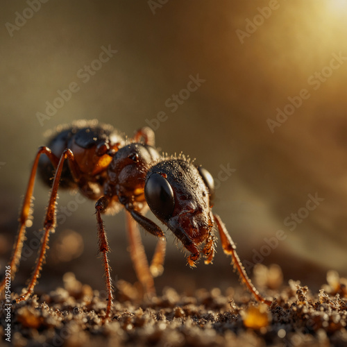 Golden Hour Macro Shot of an Ant Carrying Food with Warm Sunset Light