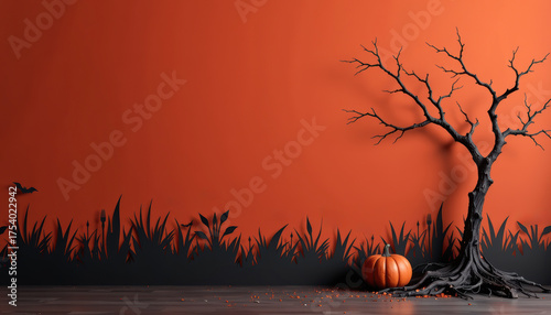Minimalist Halloween Scene with Barren Tree and Pumpkins