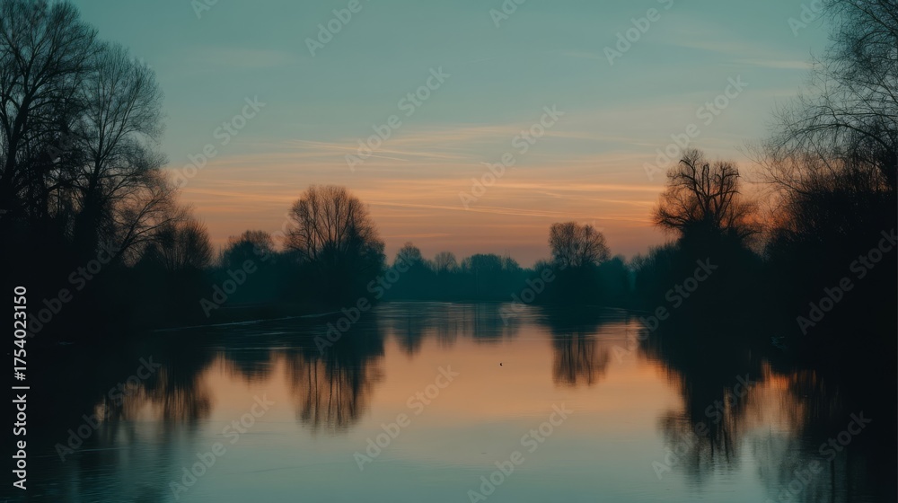 Fototapeta premium Serene lake with orange sky during sunrise or sunset, reflective water surface mirrors trees along banks,