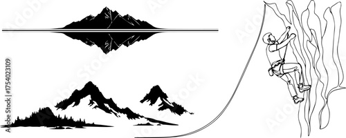 Rock Climber Ascending Cliff Face with Rope Harness and Helmet in Line Art.