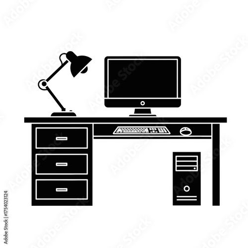 Office Workspace Desk Vector Illustration, Computer Workstation Furniture Setup, Home Office Interior Graphic Design