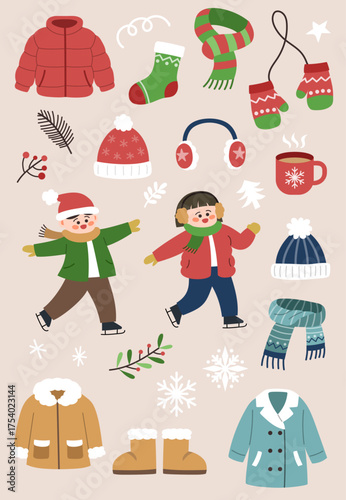 따뜻하고 귀여운 겨울 패션 아이콘 세트