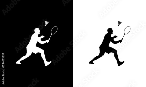 badminton brand logo design, shuttlecock logo design, silhouette of badminton man, sport logo vector illustration, brand logo, badminton logo, badminton, ball, bat, silhouette, vector,