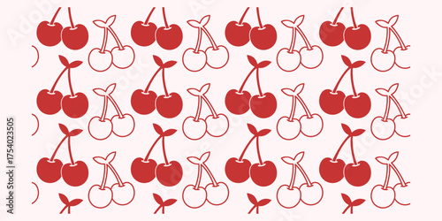 Bright flat colored cherry pair seamless pattern with bold red tones, ideal for dessert, fruit, and playful summer backgrounds.