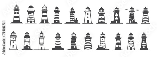 lighthouse silhouette icons set logo black beacon light