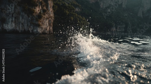 A small wave splashes on dark calm water with tall weathered rocks covered in green foliage under soft diffused lighting