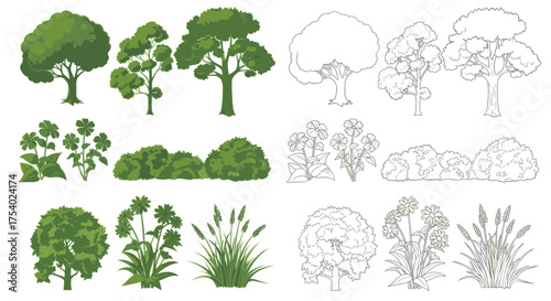 A collection of various green trees, bushes, flowers, and grasses shown in both colored and black and white outline versions.