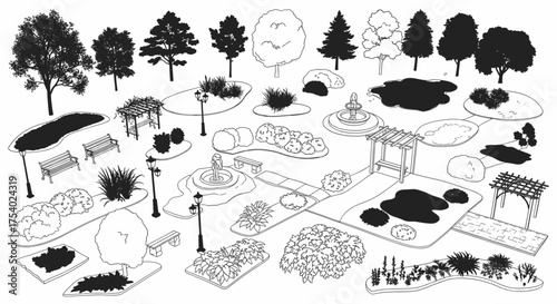 A collection of black and white landscape architecture elements for designing parks and gardens.