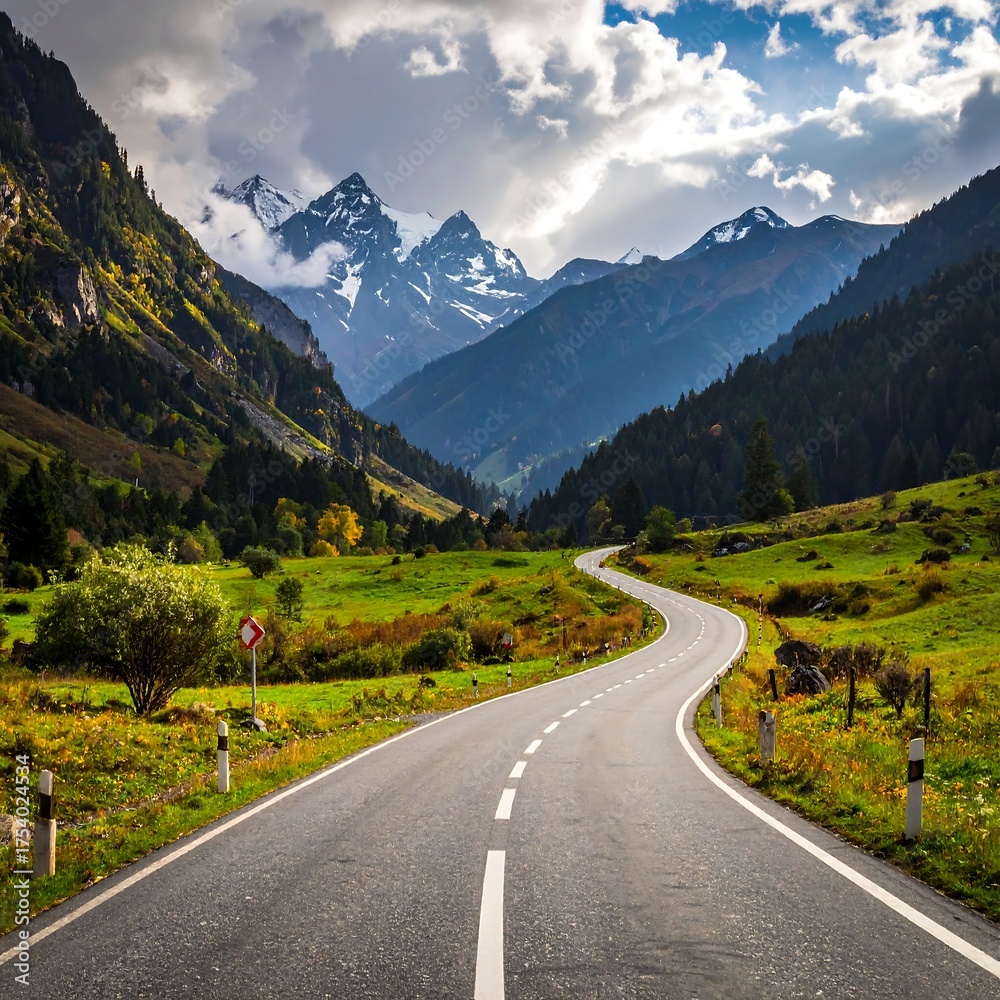 Fototapeta premium Winding asphalt road through valley, mountains in background, cloudy sky