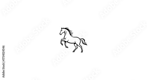 A majestic rearing horse drawn in a simple black and white line art style. This elegant equestrian icon symbolizes power, freedom, and nobility, isolated on a white background