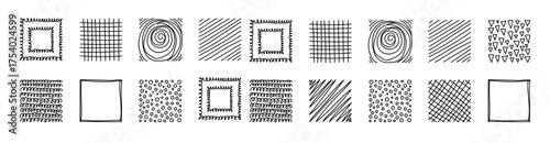 Square abstract line black seamless patterns. Rectangle contemporary hand drawn doodle shapes backdrop. Spots, drops, curves, Lines. Contemporary modern trendy Vector illustration.