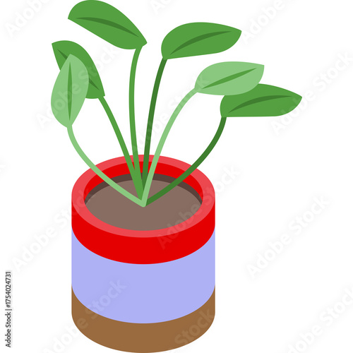 Pixelated Green Plant in a Red Blue and Brown Isometric Pot Isolated on Transparent Background Vibrant Colors