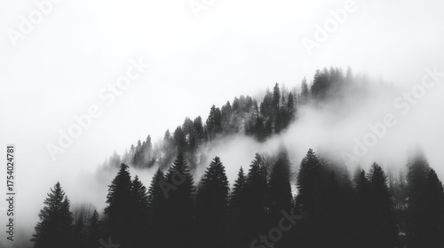 A misty forest landscape with tall coniferous trees on sloping terrain,
