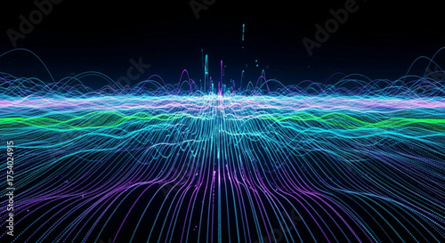 Abstract flowing data stream with glowing particles and lines, creating a dynamic and futuristic visualization of information and connectivity