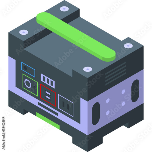 Portable Power Generator Unit With Green Handle And Multiple Outlets Gray And Purple Isometric View