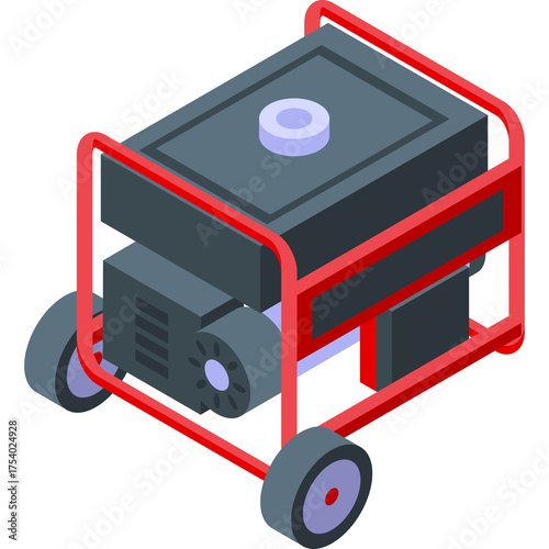 Portable Generator Black And Red Metallic Frame With Wheels For Electricity Supply And Power Generation In Isometric Style Isolated On Transparent Background