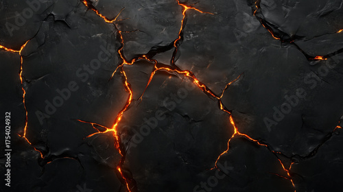 Cracked black surface with glowing orange lava seams creates dramatic and intense visual effect, evoking feelings of heat and energy. texture and contrast enhance overall impact