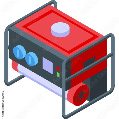 Portable Red Generator With Black Accents And Silver Metal Frame On Transparent Background Isometric Style