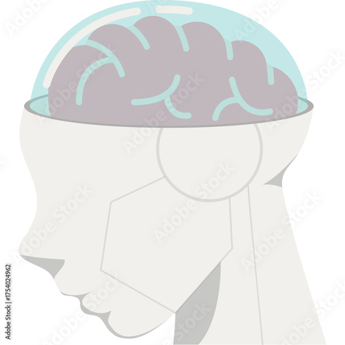 Profile of a White Robot Head with a Visible Brain Inside a Transparent Dome Futuristic Technology and Artificial Intelligence Concept