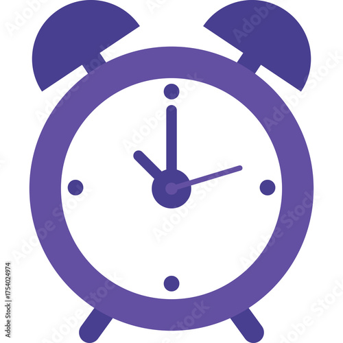 Purple Alarm Clock Icon with Two Bells on Top and Two Hands Pointing to 10 and 4 Isolated on Transparent Background