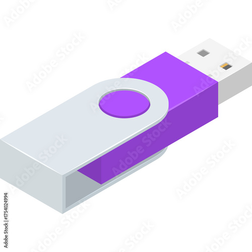 Purple and Silver USB Flash Drive Data Storage Device with Rotating Cap in Isometric View on White Background