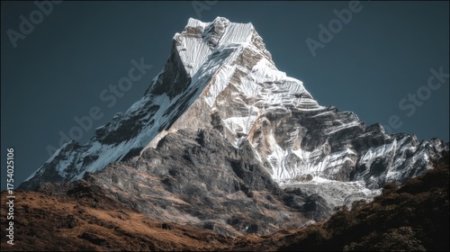 Majestic snow-capped mountain peak with rugged brown rocky terrain under clear blue skies,