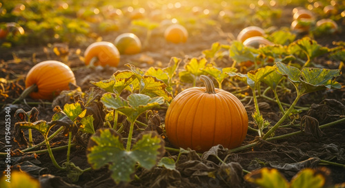 A field of ripe pumpkins growing in a patch during golden hour, with a focus on a single pumpkin