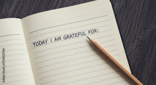 A notebook open to a page that says today i am grateful for with a pencil on the page