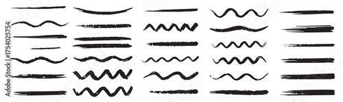 thirty crayon drawn underline stroke set straight wavy lines 