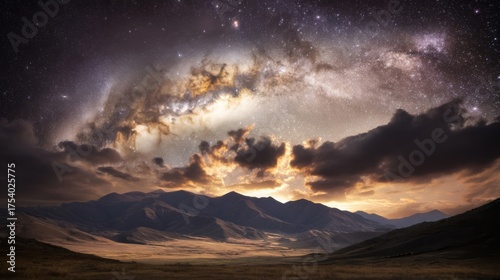 Nighttime mountainous terrain with rugged peaks under a starry twilight sky, sparse vegetation on undulating hills,