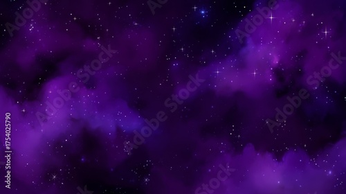 A digital rendering of a starry night sky viewed from space with deep purple hues, sparkling white stars,
