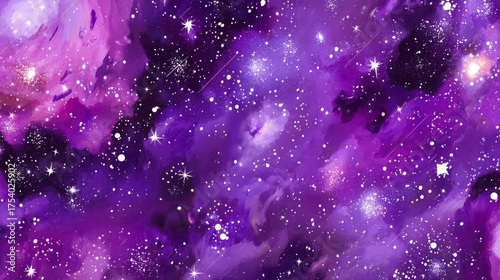 Vibrant purple cosmic nebulae with scattered stars and distant galaxies evoke deep-space exploration in this vast celest