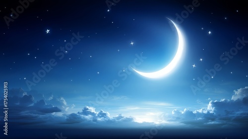 A serene nighttime sky with a crescent moon glowing softly above a deep blue ocean, fluffy white clouds on the horizon,