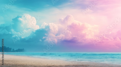 A tranquil beach scene with soft sandy shore, scattered seashells, calm turquoise ocean, gentle waves, fluffy clouds,